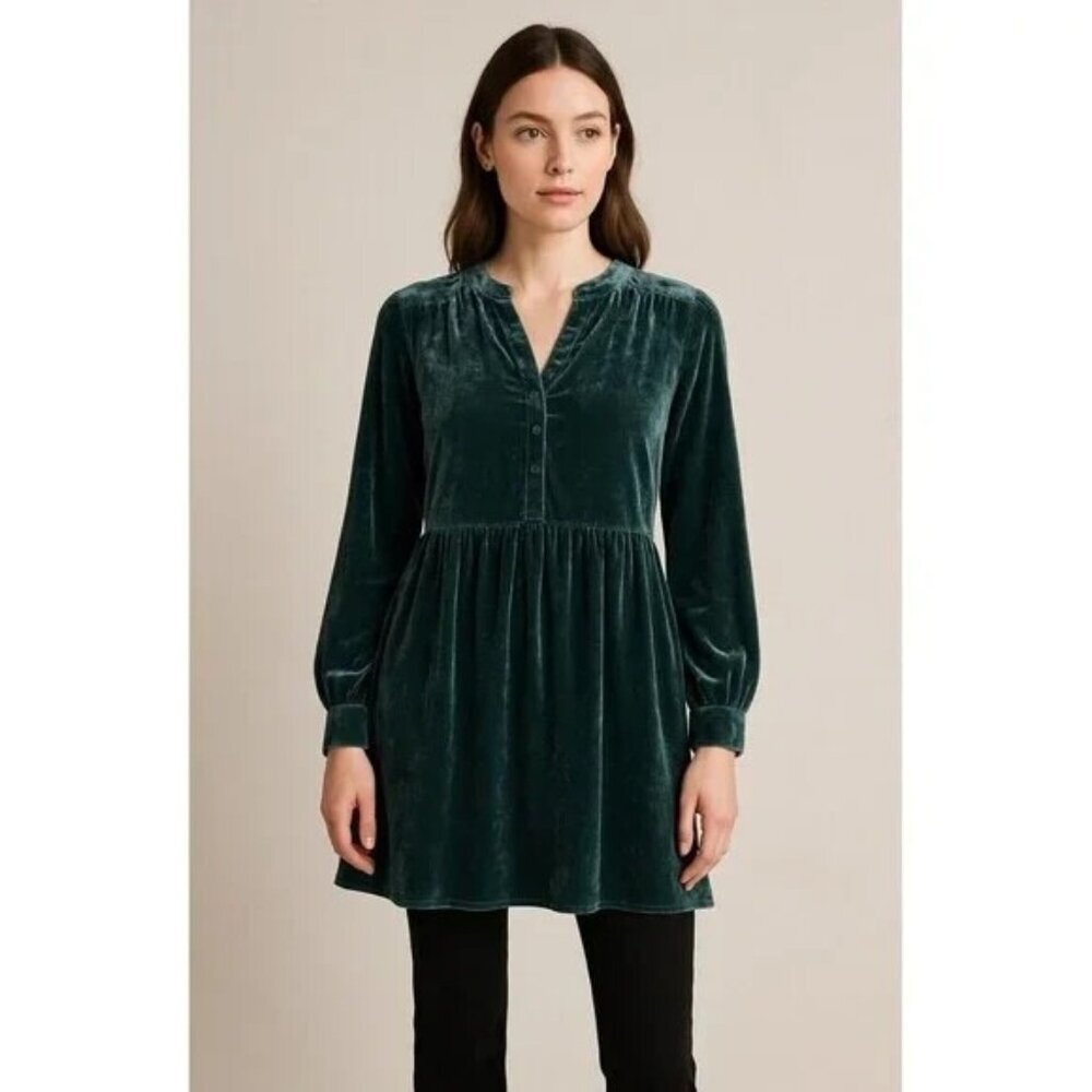 Anthropologie Holding Horse Tunic Shirt Dress Women's S Green Velvet Long Sleeve